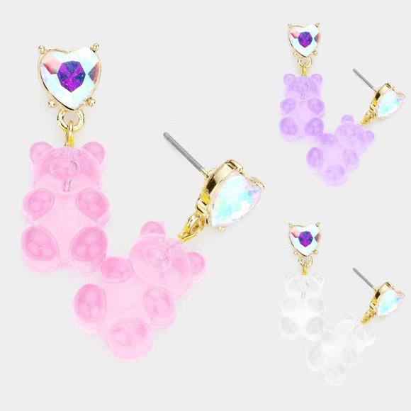 NEW Sparkly Ab Crystal Heart Stud Kawaii Dangle Clear Gummy Bear Drop Earrings - Picture 5 of 5